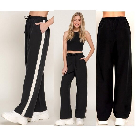 Side Stripe Straight Long Pants in Black and White - Picture 1 of 3